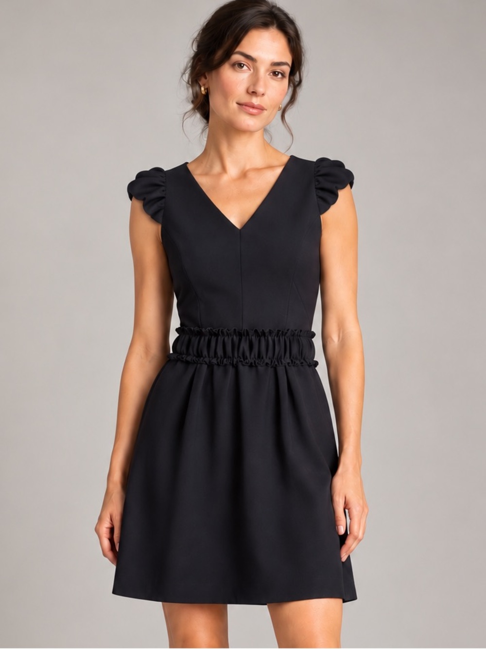 Maje Navy V-Neck Mini Dress with Ruffled Waist and Sleeves | size Medium